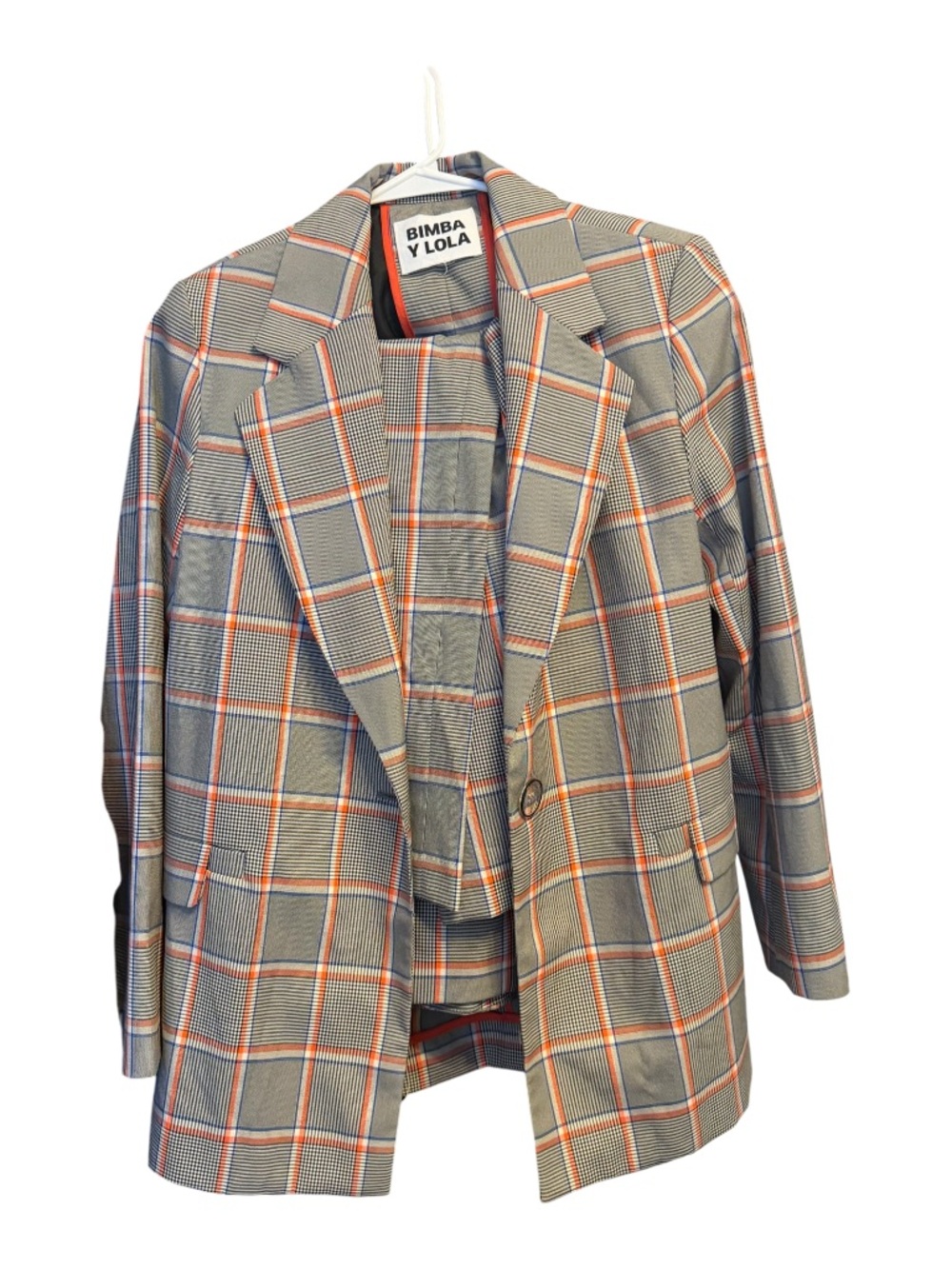 Bimba Y Lola Women's Gray Plaid Blazer with Orange Trim